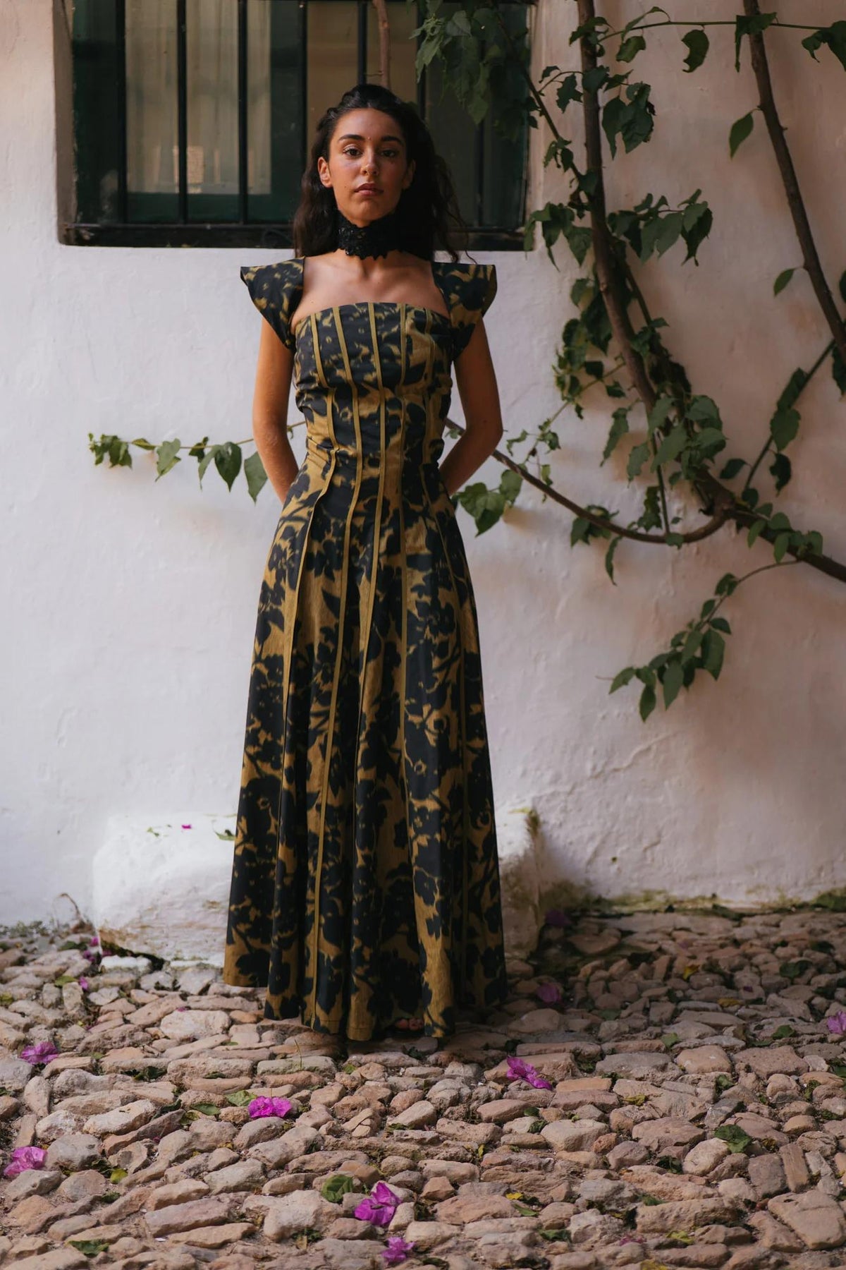 Retro Print Strapless Maxi-Length Dress