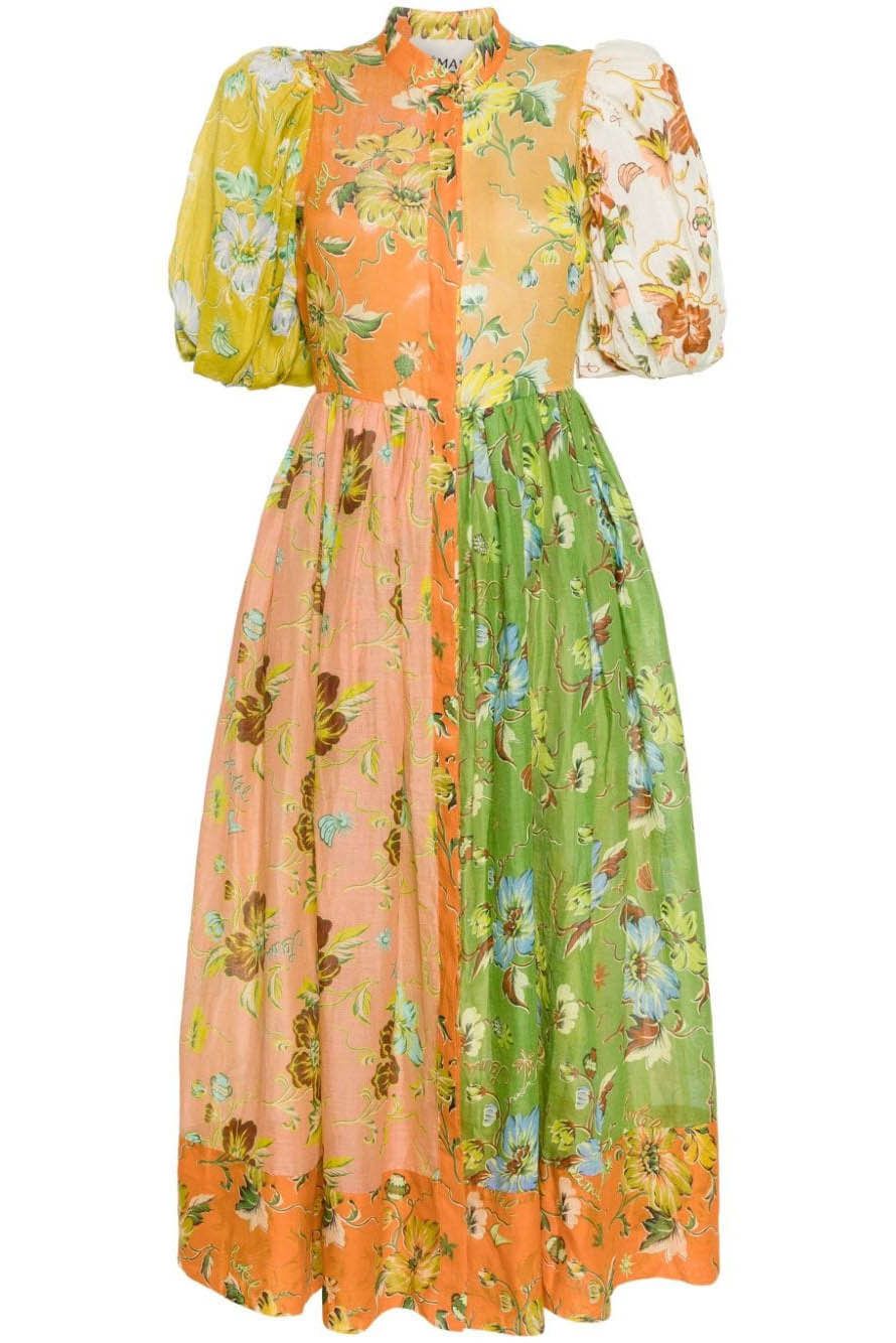 Flower Interlude Puff Sleeve Midi-Length Dress