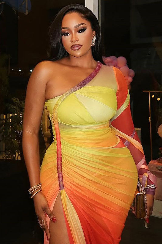 Sunset Ombre Mesh One-Shoulder Ruched Midi-Length Dress