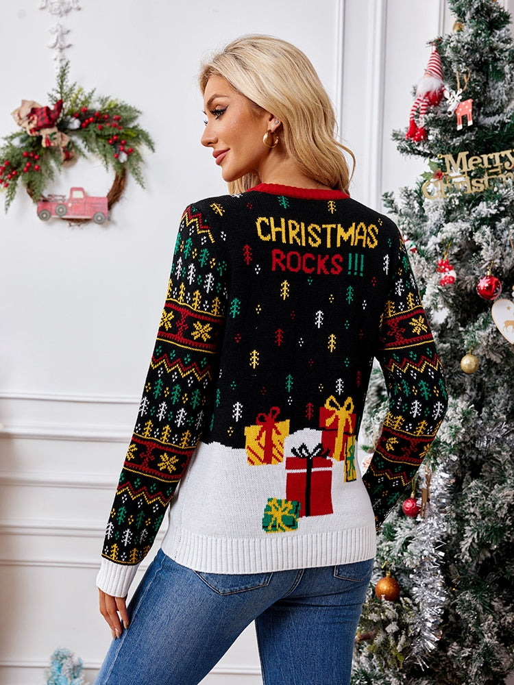 Knit Crew Neck Embroidered Knit Sweater - Santa Claus & Musical Notes