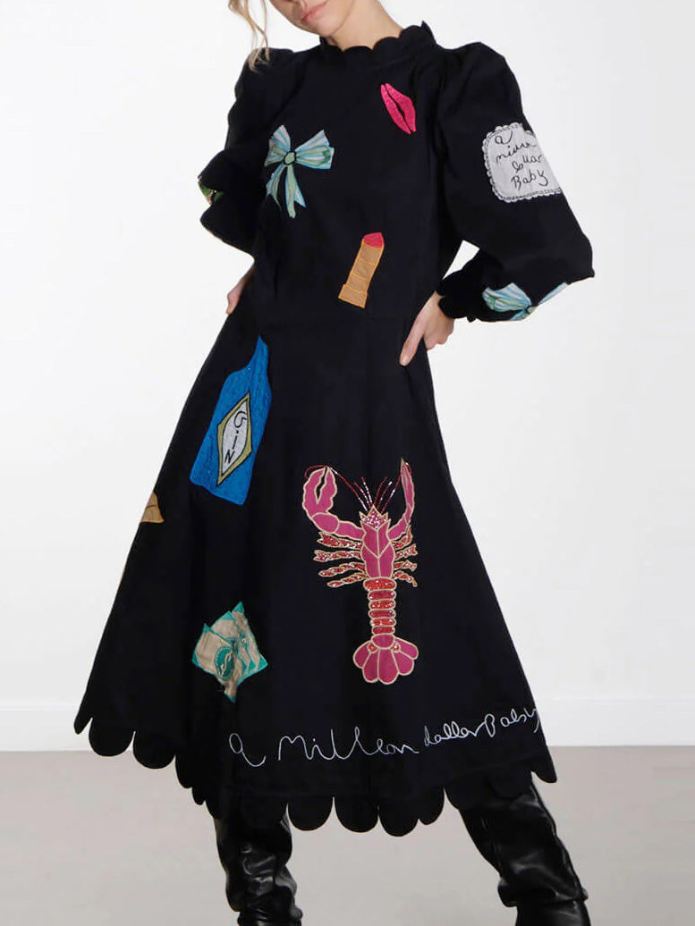 Lobster Graffiti Scallop Trim Midi-Length Dress