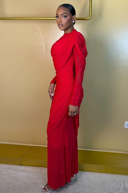 Classy Red Crew Neck Maxi-Length Dress