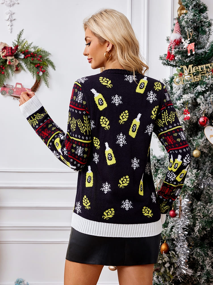 Relaxed Crew Neck Knit Sweater - Santa Claus Enjoying a Beer