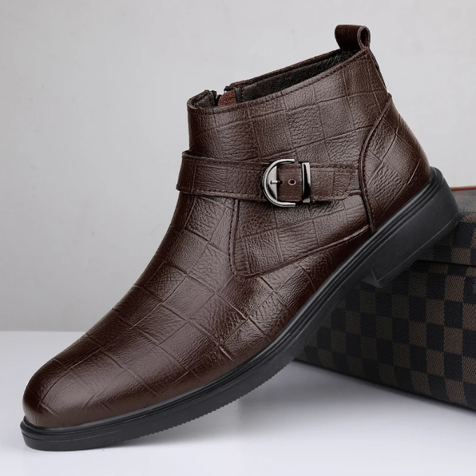 Full-Grain Leather Boots with Buckle Strap