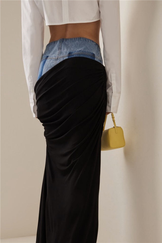 Modern Black Ruched Denim Skirt