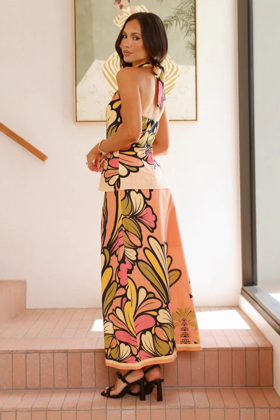 Wild Print Halter Neck Knit Cardigan with Skirt Set