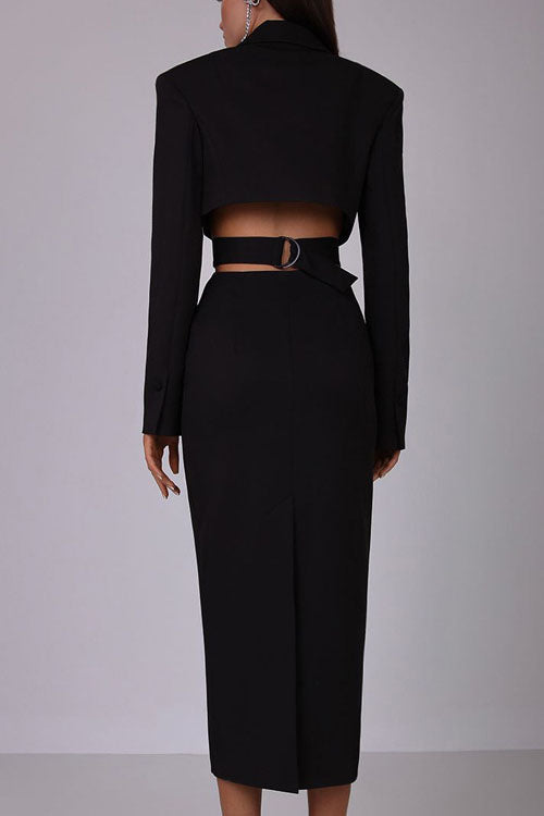 Statement Deep V Metal-Detail Blazer Midi-Length Dress