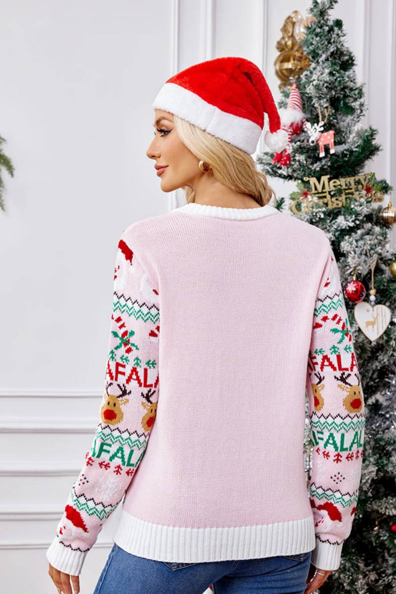 Loose-Fit Crew Neck Christmas Cartoon Knit Sweater - Pink
