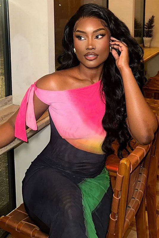 Bold Neon Color-Block Sheer Mesh Fitted Dress