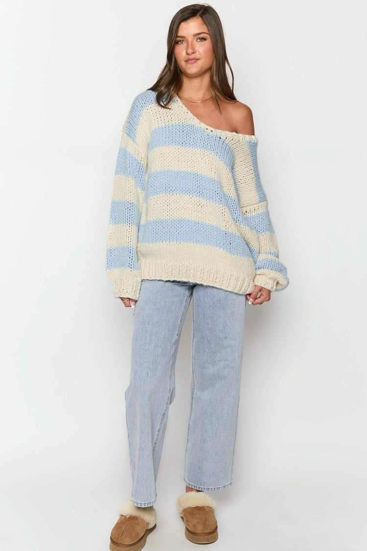 Off-shoulder Striped Knit Sweater