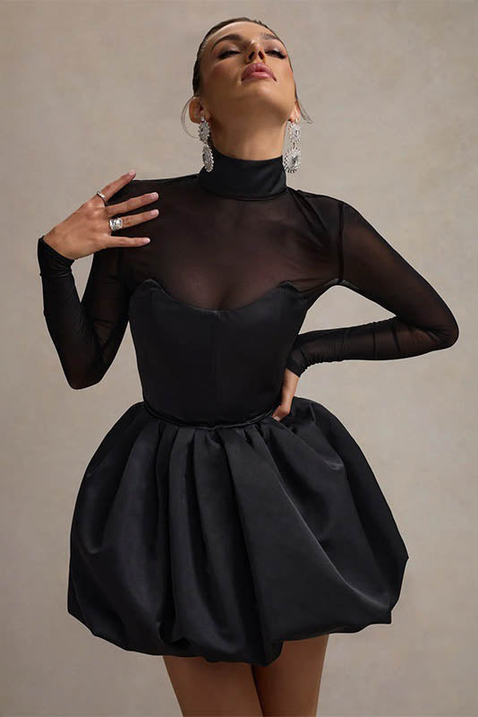 Winter Refined Mesh Sheer Slim Fit Puff Mini-Length Dress