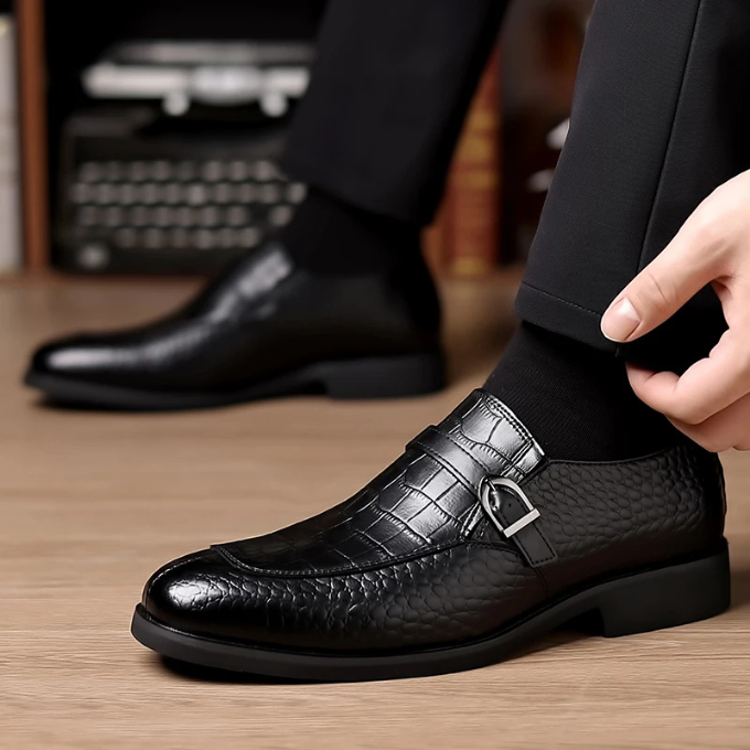 Polished Leather Monk Strap Shoes with Croc-Embossed Texture