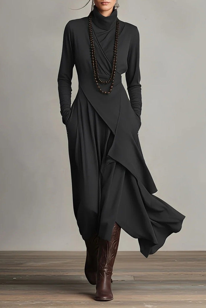 Purple High-neck Asymmetrical Pleated Maxi-Length Dress