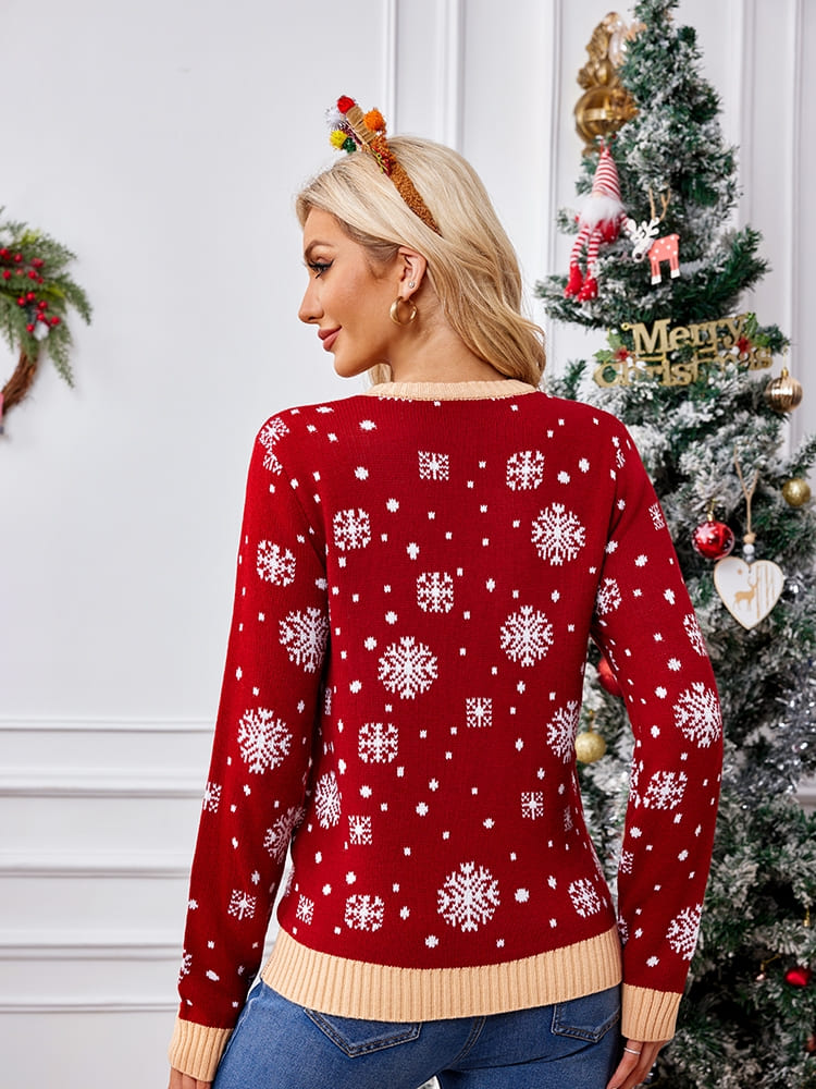 Relaxed Crew Neck Embroidered Knit Sweater - Santa Claus & Penguin