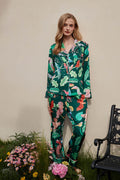 Coordinated Green Parrot Print Silk Pajama Set