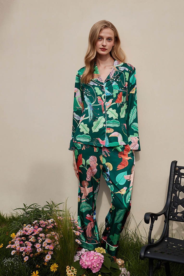 Coordinated Green Parrot Print Silk Pajama Set