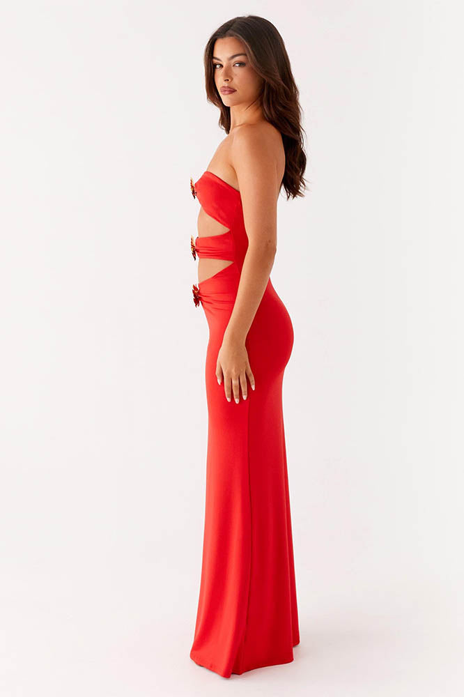 Cut-Out Design Mature Style Slim Maxi-Length Dress