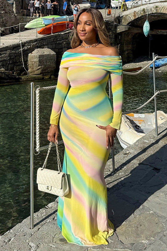 Asymmetric Rainbow Fishtail Maxi-Length Dress