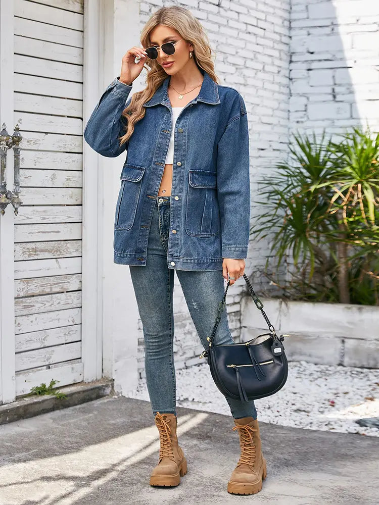 Washed Denim Jacket with Button Closure and Pockets in Blue