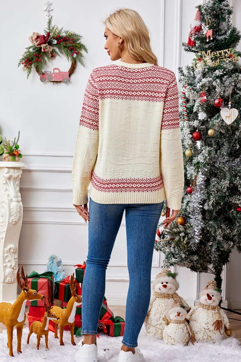 Christmas Crew Neck Embroidered Knit Sweater