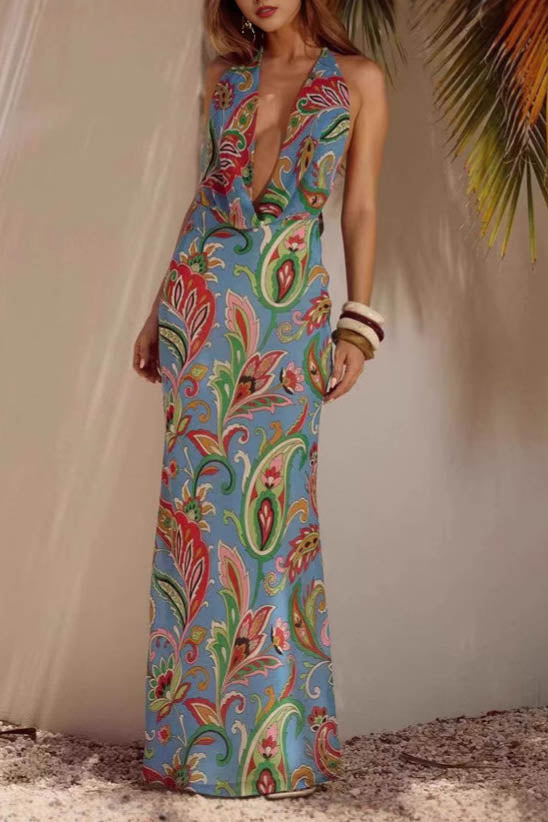 Verdant Shadows - Flower Resort Maxi-Length Dress