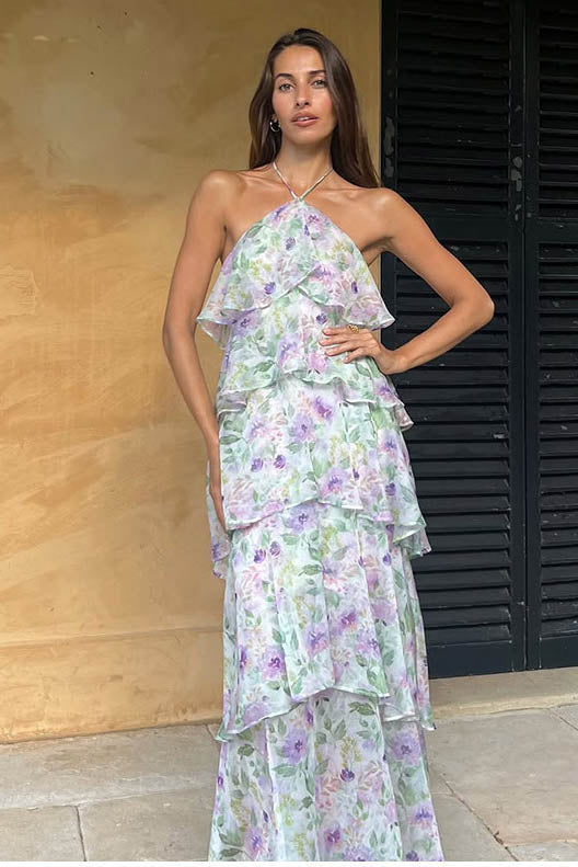 Layered Flower Halter Maxi-Length Dress