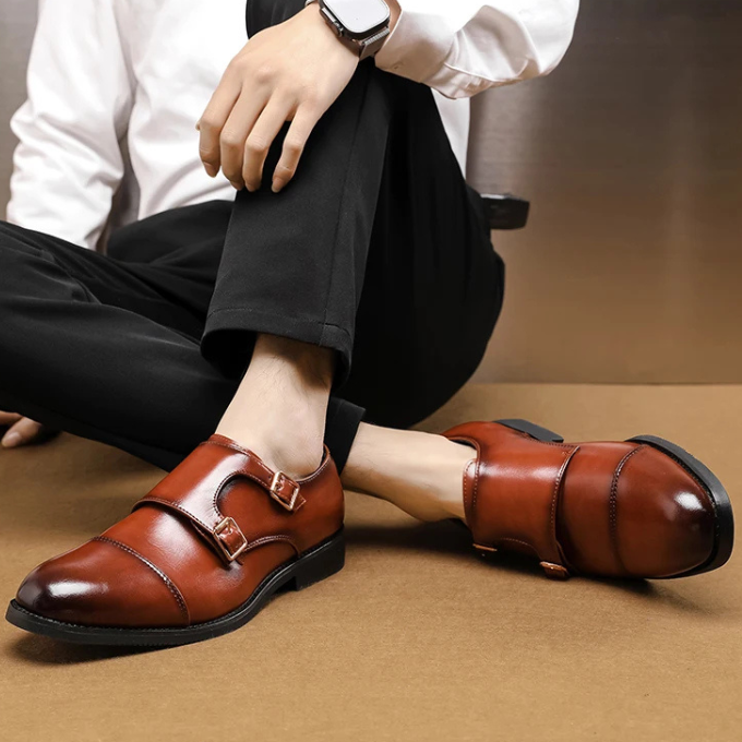 Full-Grain Leather Monk Strap Shoes with Cap-Toe Detail