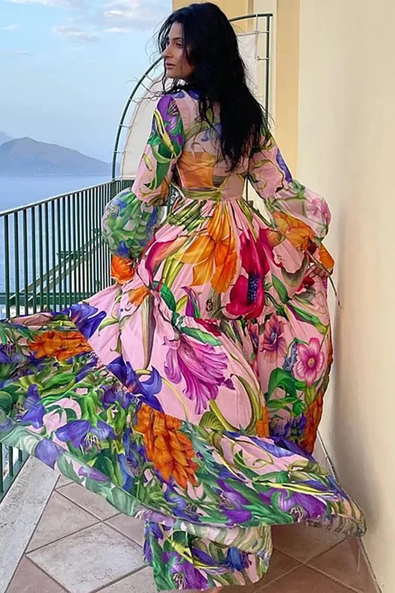 Deep V Lantern Sleeve Patterned Swimwear Set