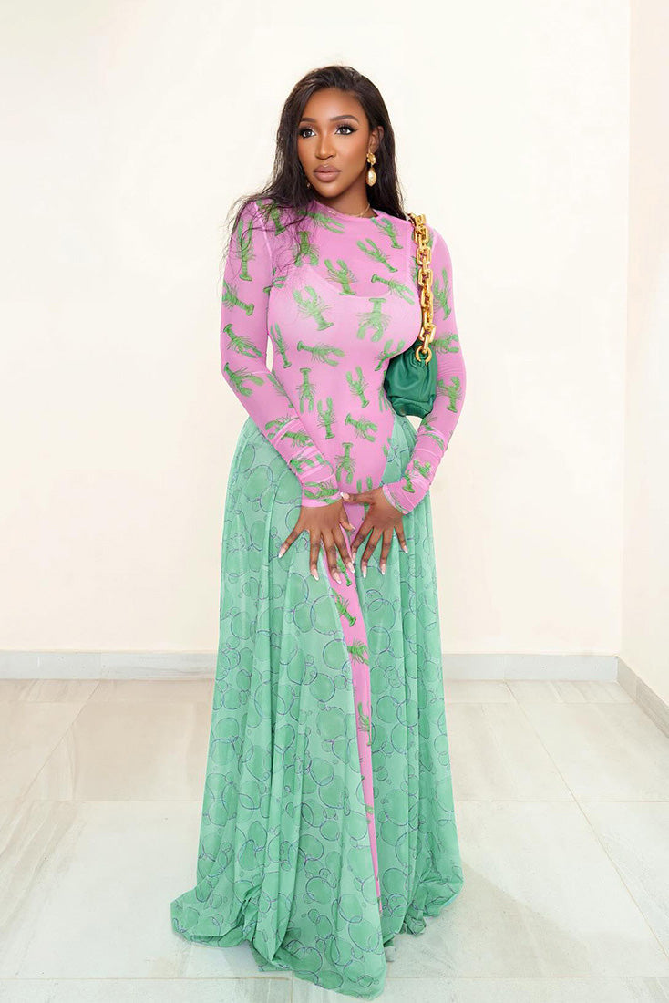 Fun Lobster Print Flowy Maxi-Length Dress