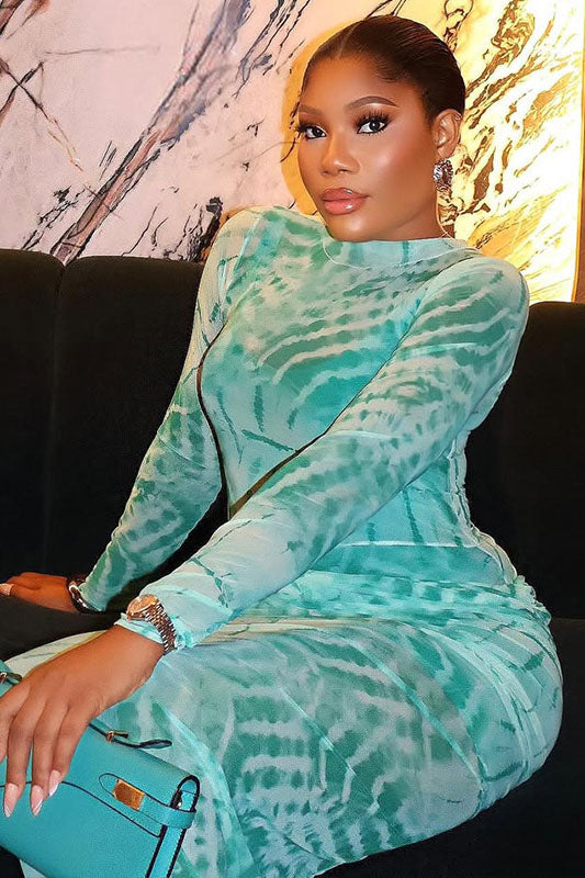 Artistic Teal Tie-Dye Sheer Turtleneck Maxi-Length Dress