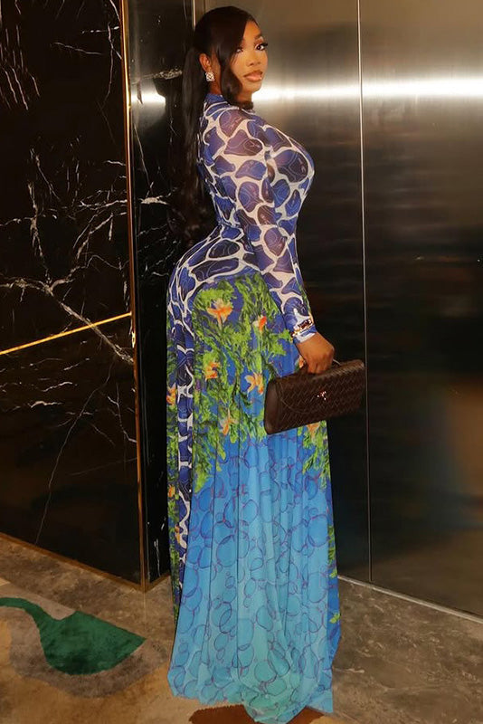 Exotic Blue Print Turtle Neck Maxi-Length Dress