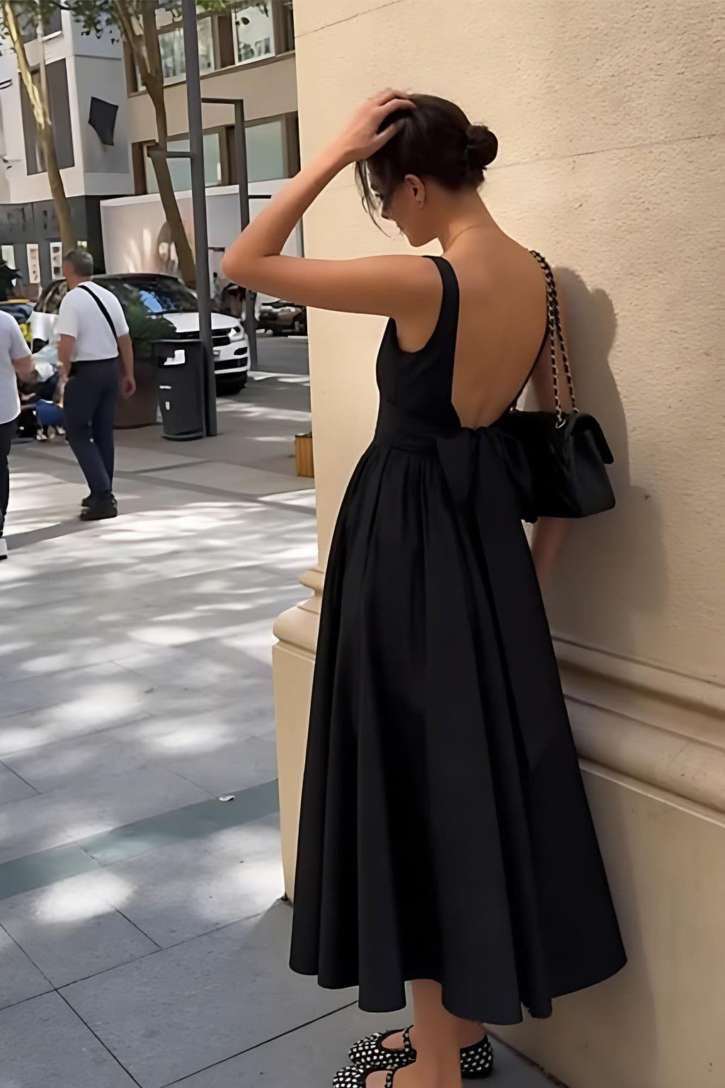 Black Square Neck Back Bow Midi-Length Dress