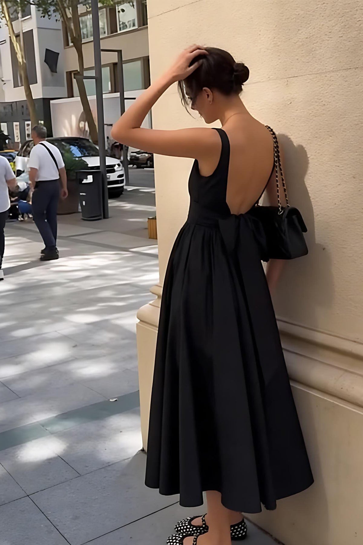 Black Square Neck Back Bow Midi-Length Dress