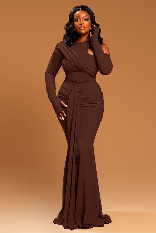 Refined Solid Brown Maxi-Length Dress
