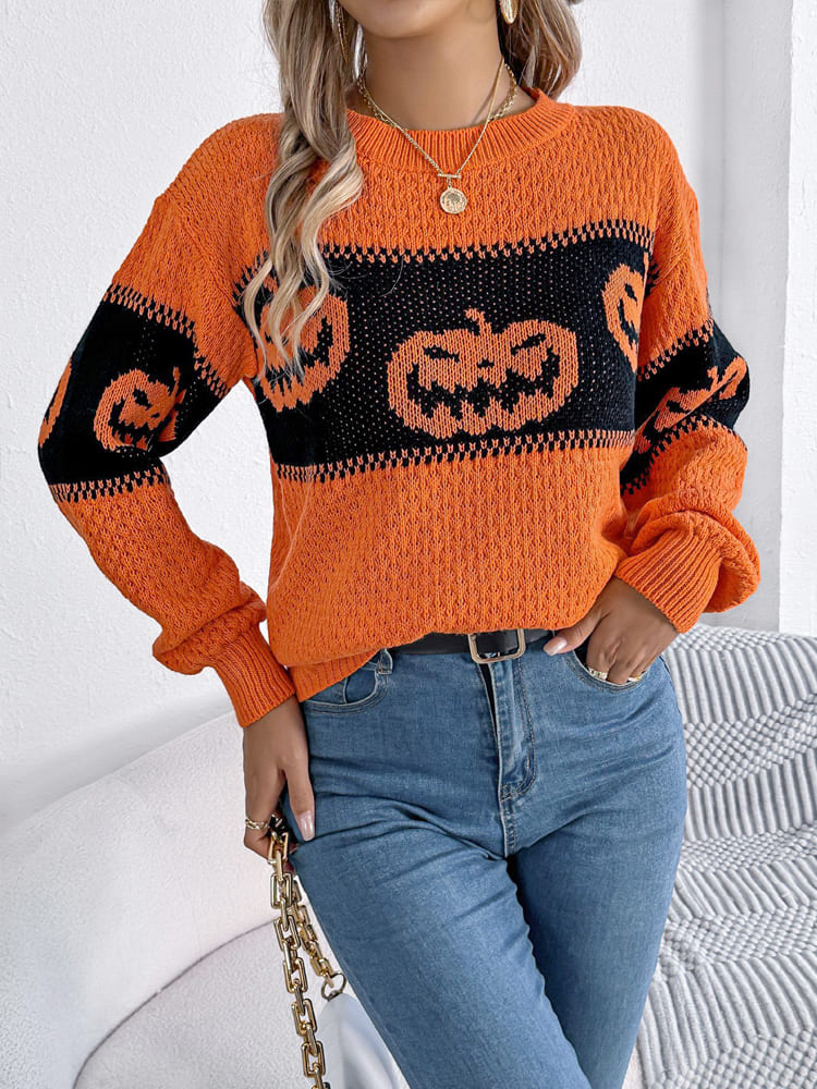 Modern Halloween Pumpkin Head Color-Block Crew Neck Knit Sweater
