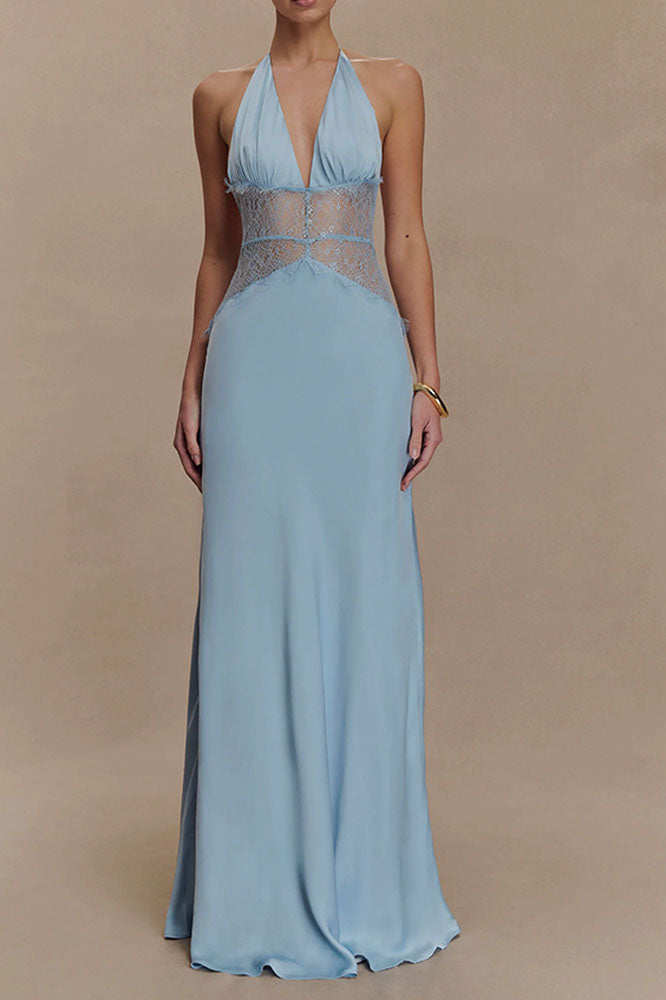 Halter Patchwork Open-Back Sexy Maxi-Length Dress
