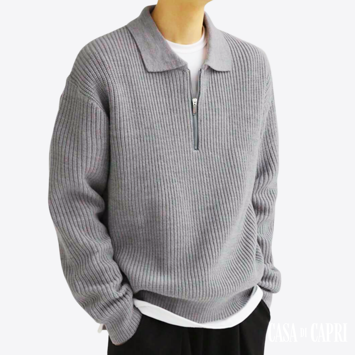 Denim Sweater with Zip Front
