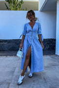 Clean-Lined V-Neck Buttoned Denim Gown