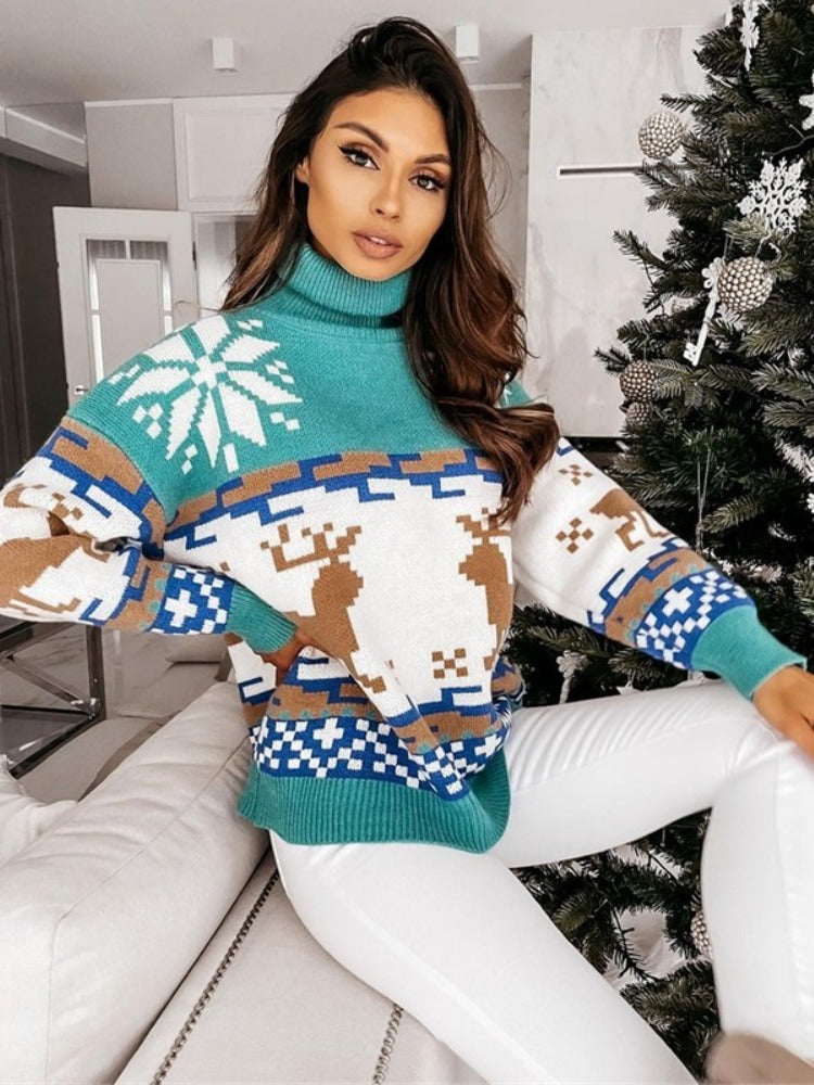 Modern Knit Pullover with Embroidered Reindeer and Snowflake Design