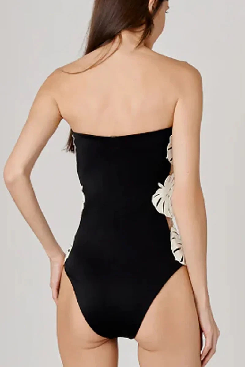 Leaf Patchwork Cut-Out Strapless Swimsuit