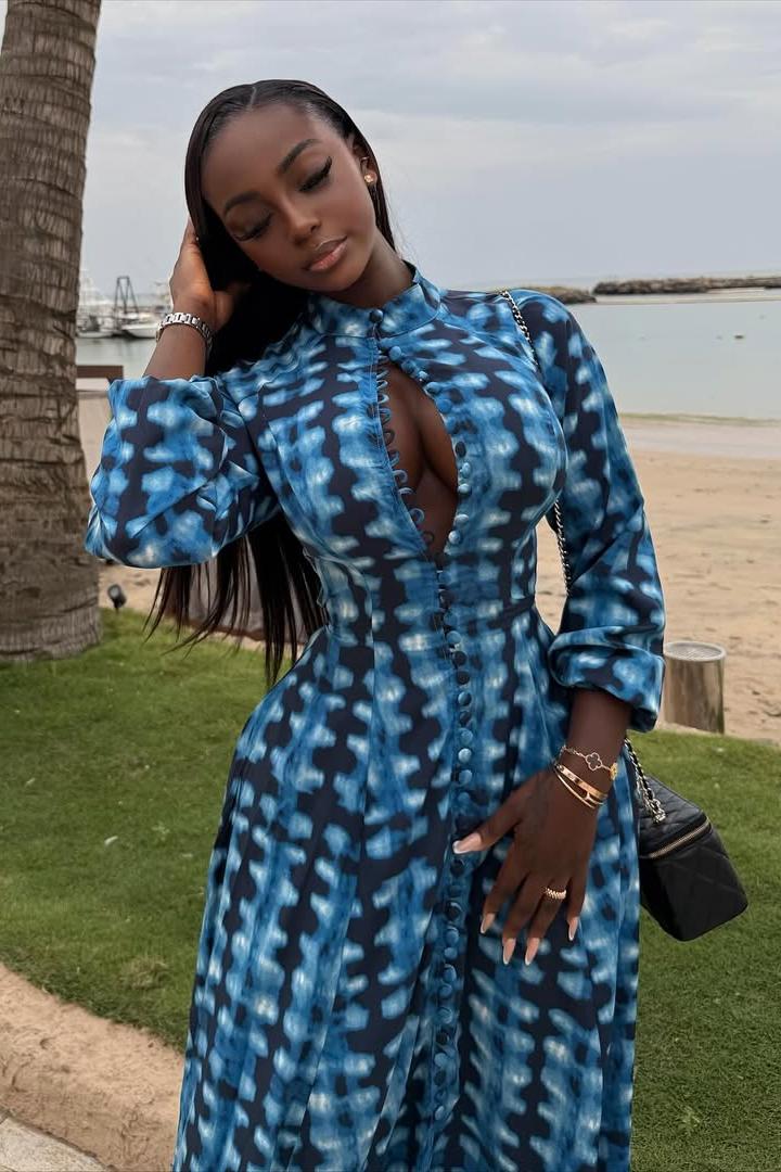 Blue Tie-Dye Button-Front Maxi-Length Dress