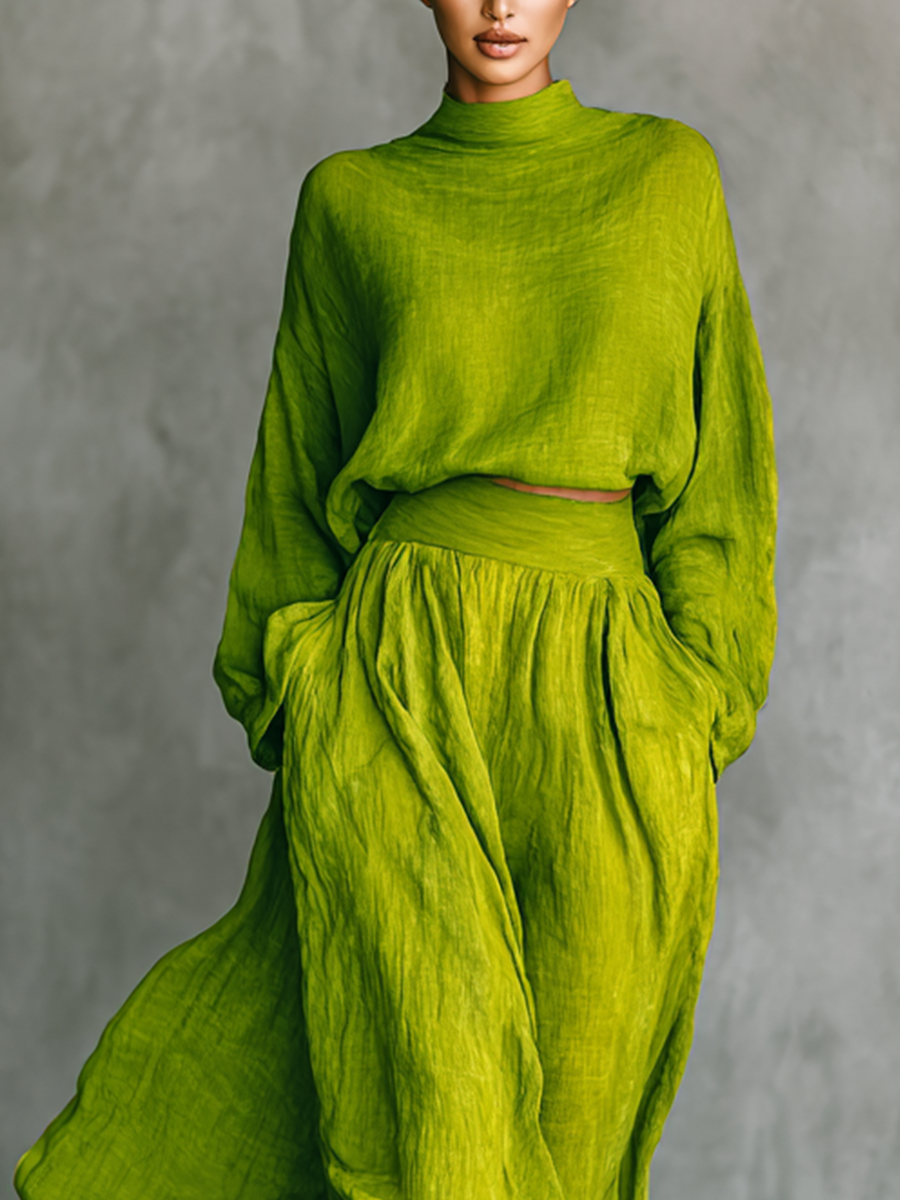 Coordinated Women's Green Turtleneck Top and Maxi Skirt Set