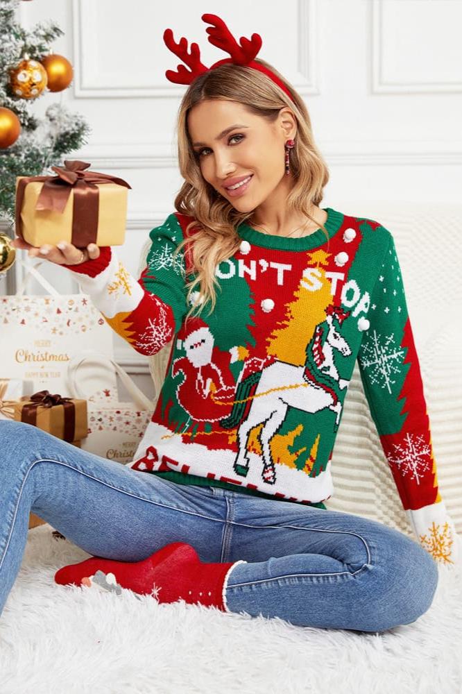 Modern Santa And Reindeer Sleigh Knit Sweater