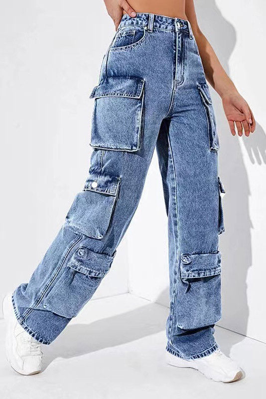 High-Waisted Denim Cargo Pants