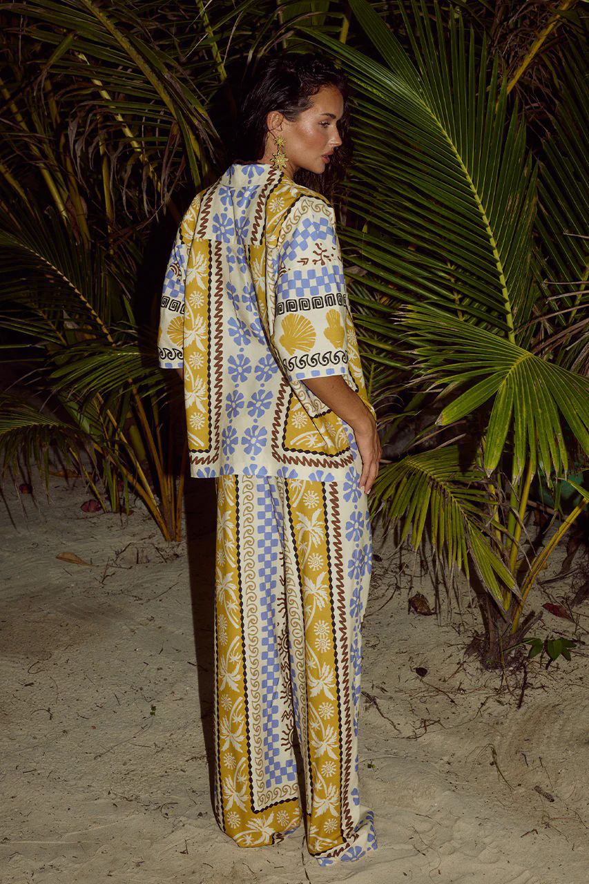 Flower Long Sleeve Tie Waist Vacation Set