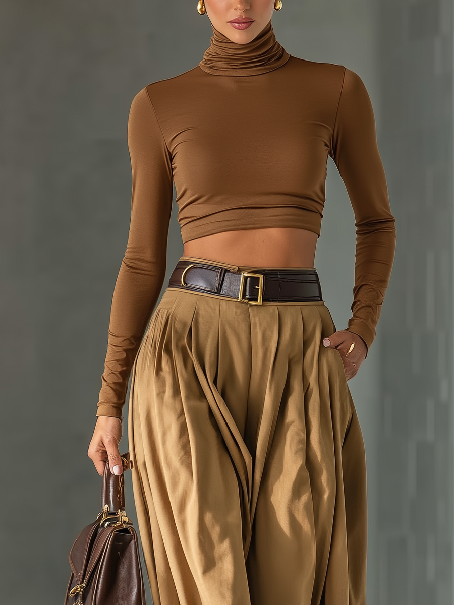 Women's Blended Brown Top And Wide-Leg Trousers Set