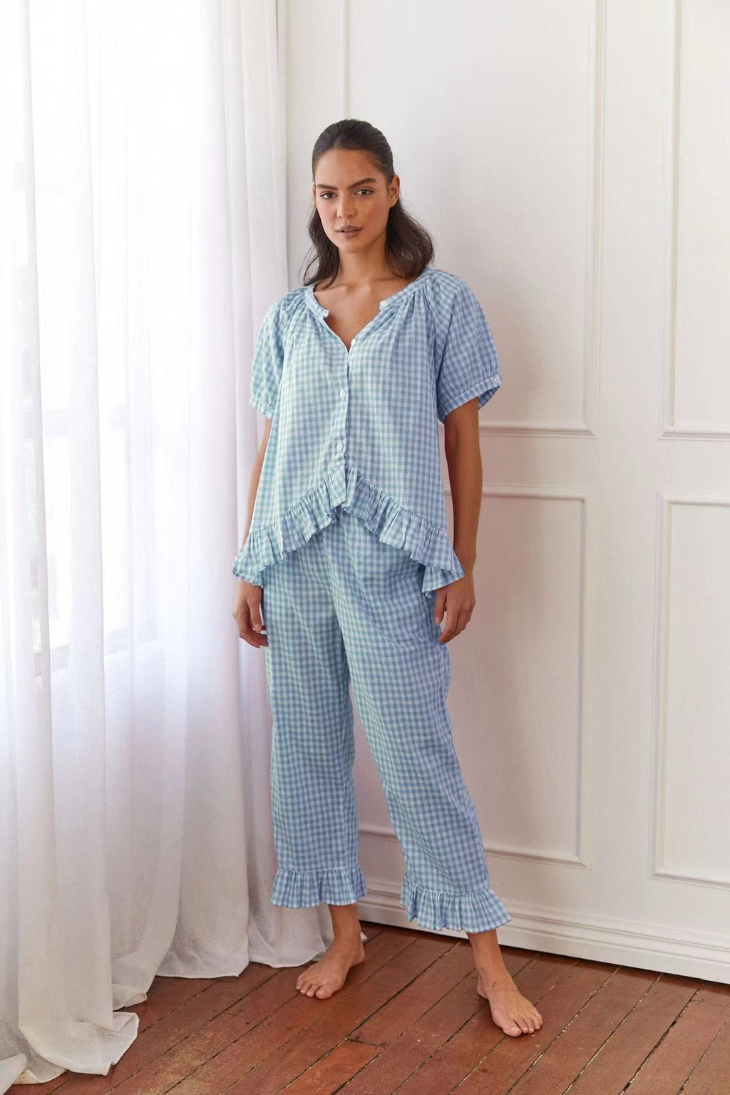 Relaxed Ruffled Plaid Print Shirt Pajama Set