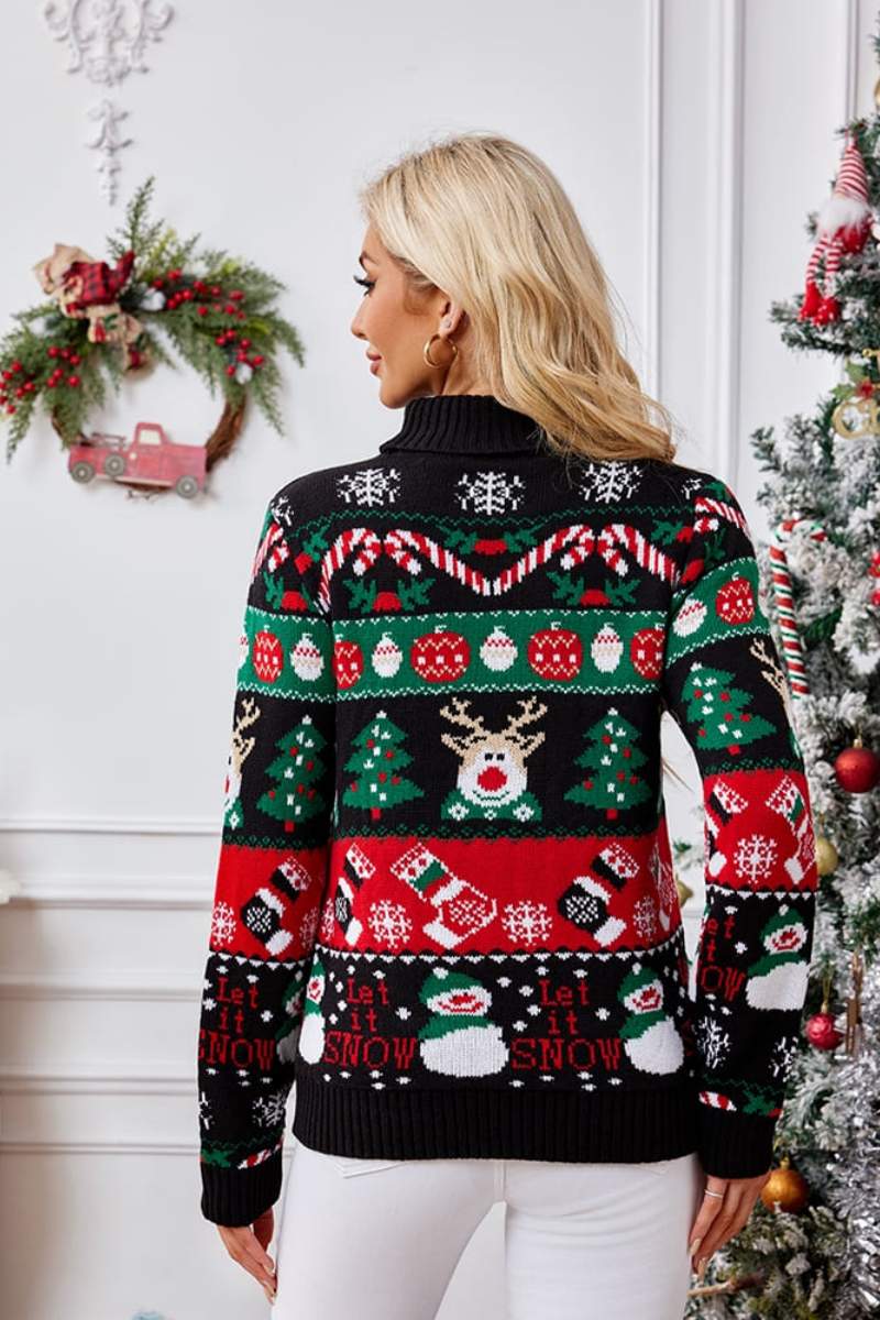 High Neck Christmas Snowman Embroidery Knit Sweater