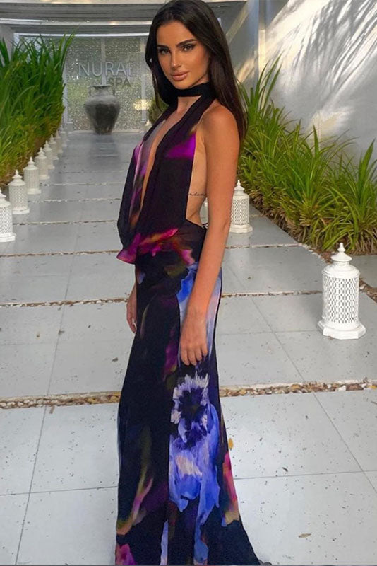 Art Print Halter Maxi-Length Dress