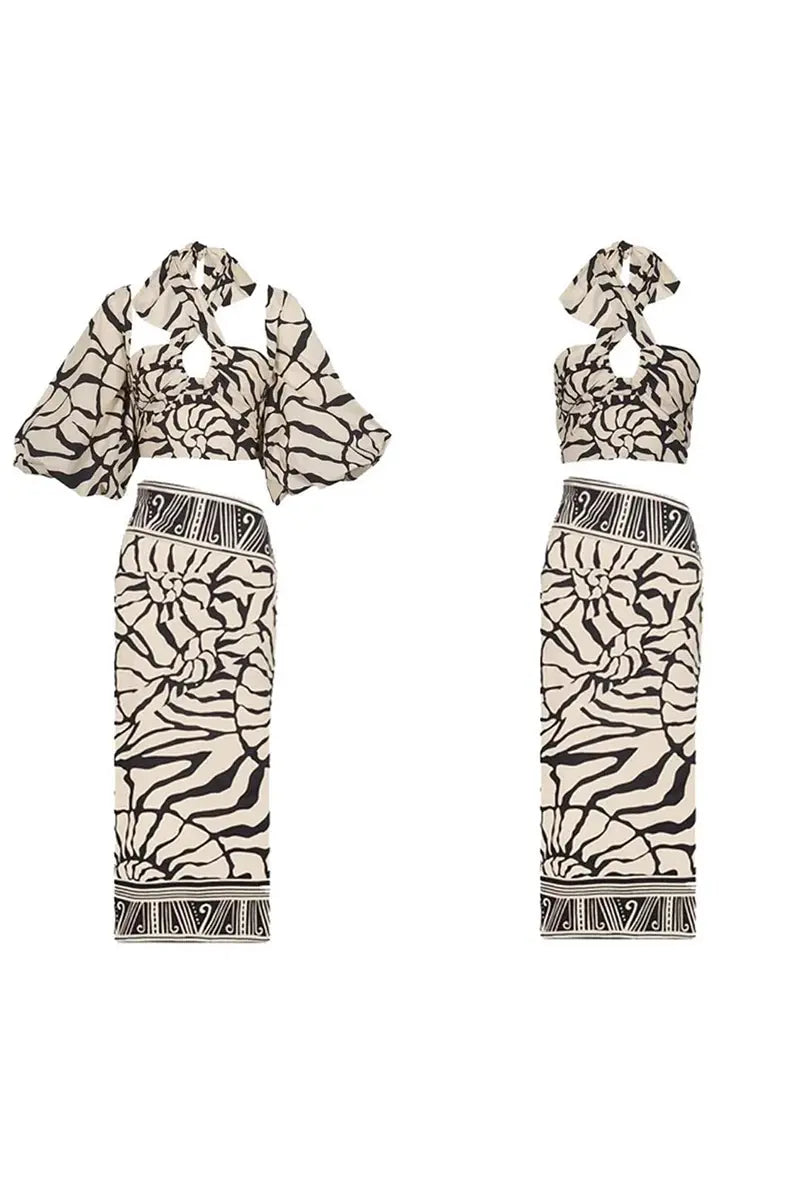 Halter Patterned Swimwear Set with Detachable Sleeves